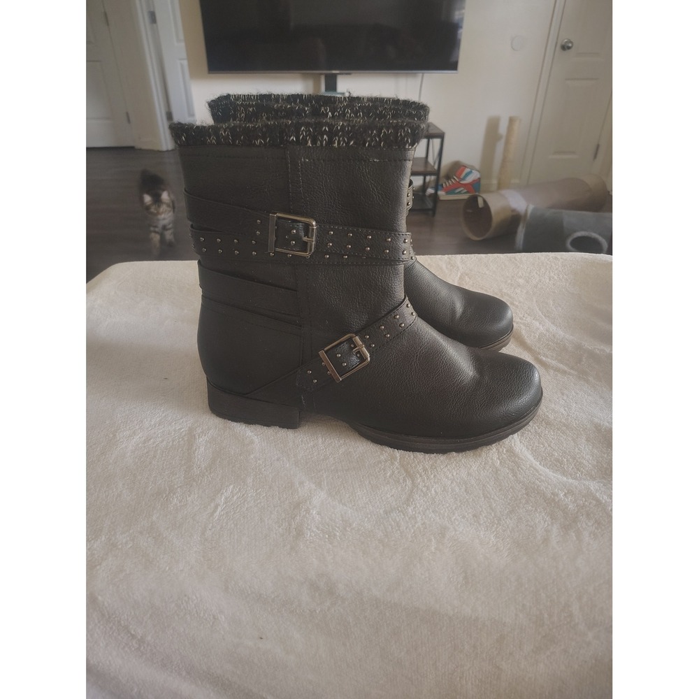 Zinnia WW Black Moto Ankle Boots Sweater Cuff Studded Buckle Straps Size 11 WW